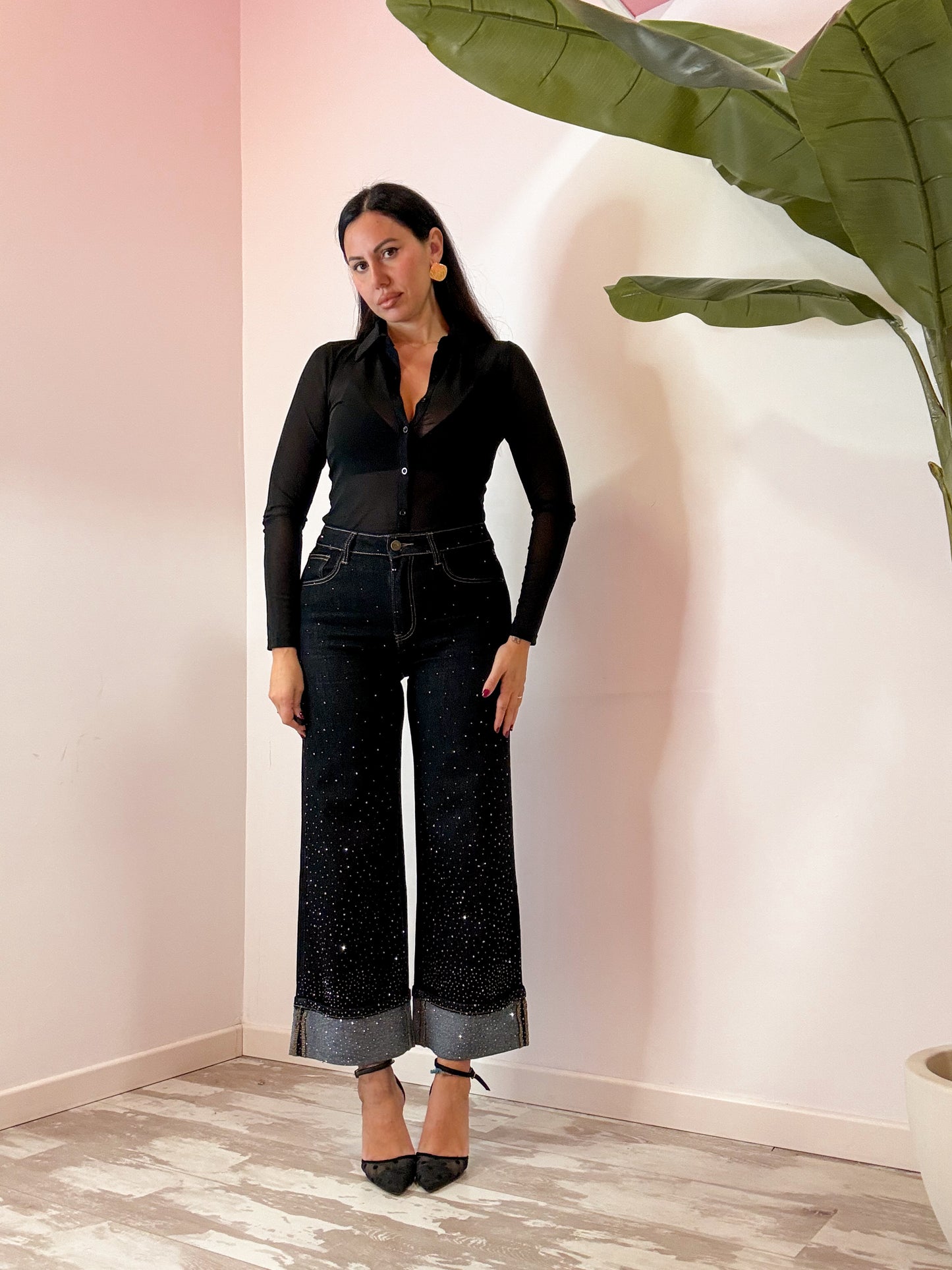 JEANS RISVOLTO E BRILLANTINI