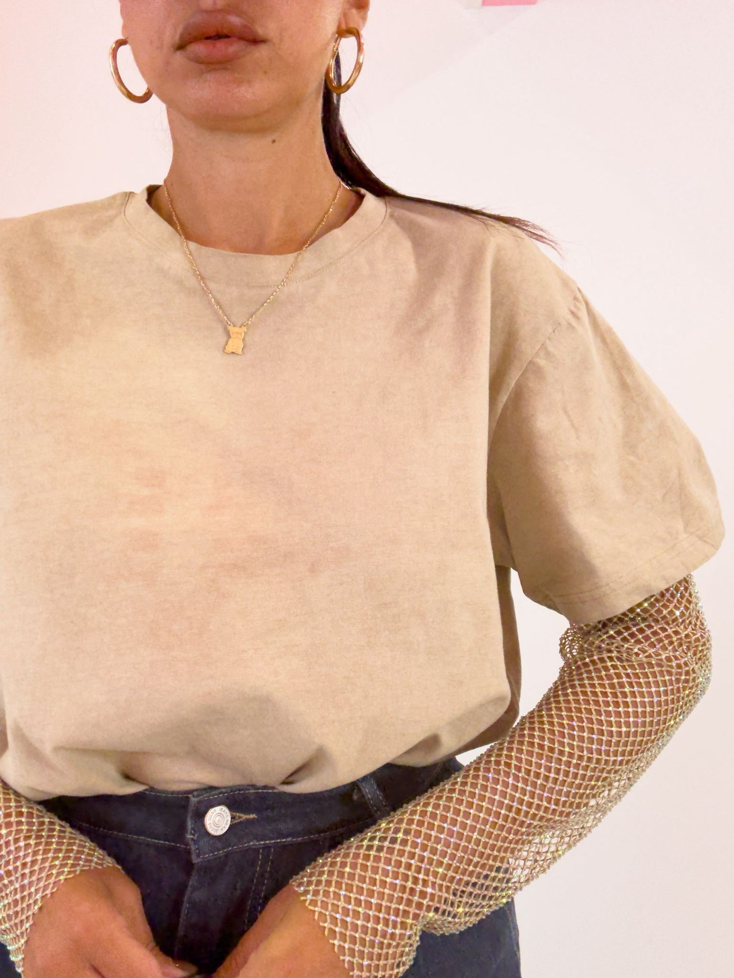 T-shirt manica a rete con strass 2