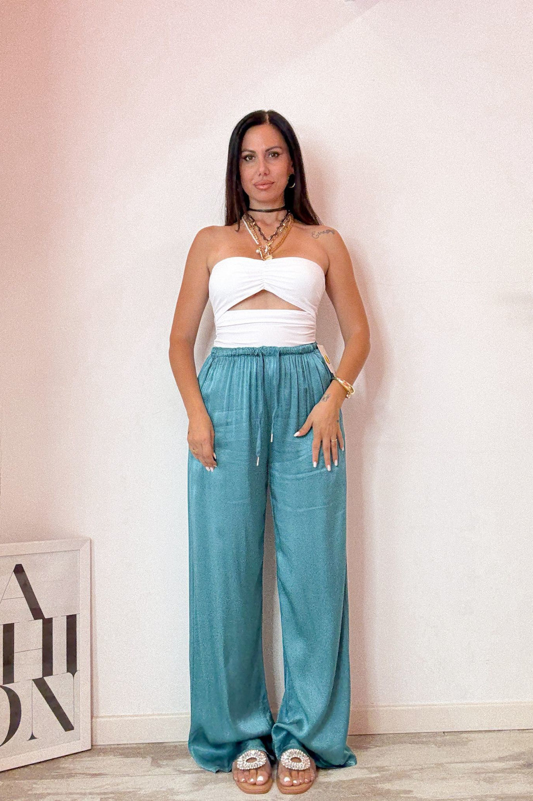 Pantalone satin verde smeraldo