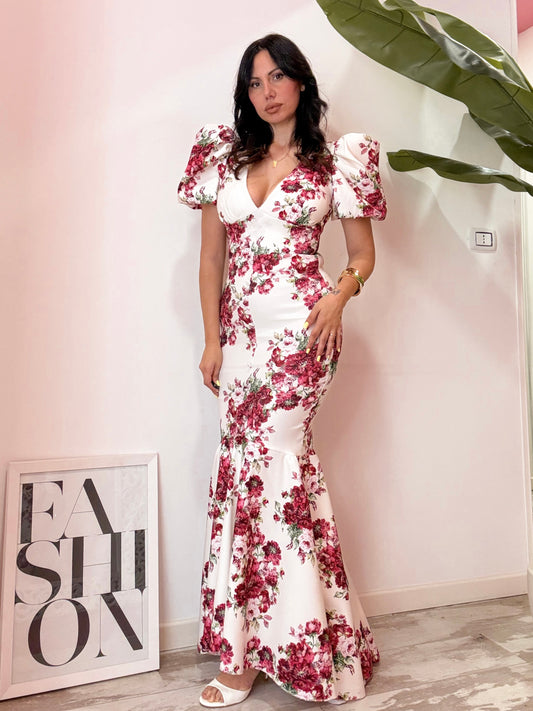 VESTITO LUNGO FIORI ROSSI
