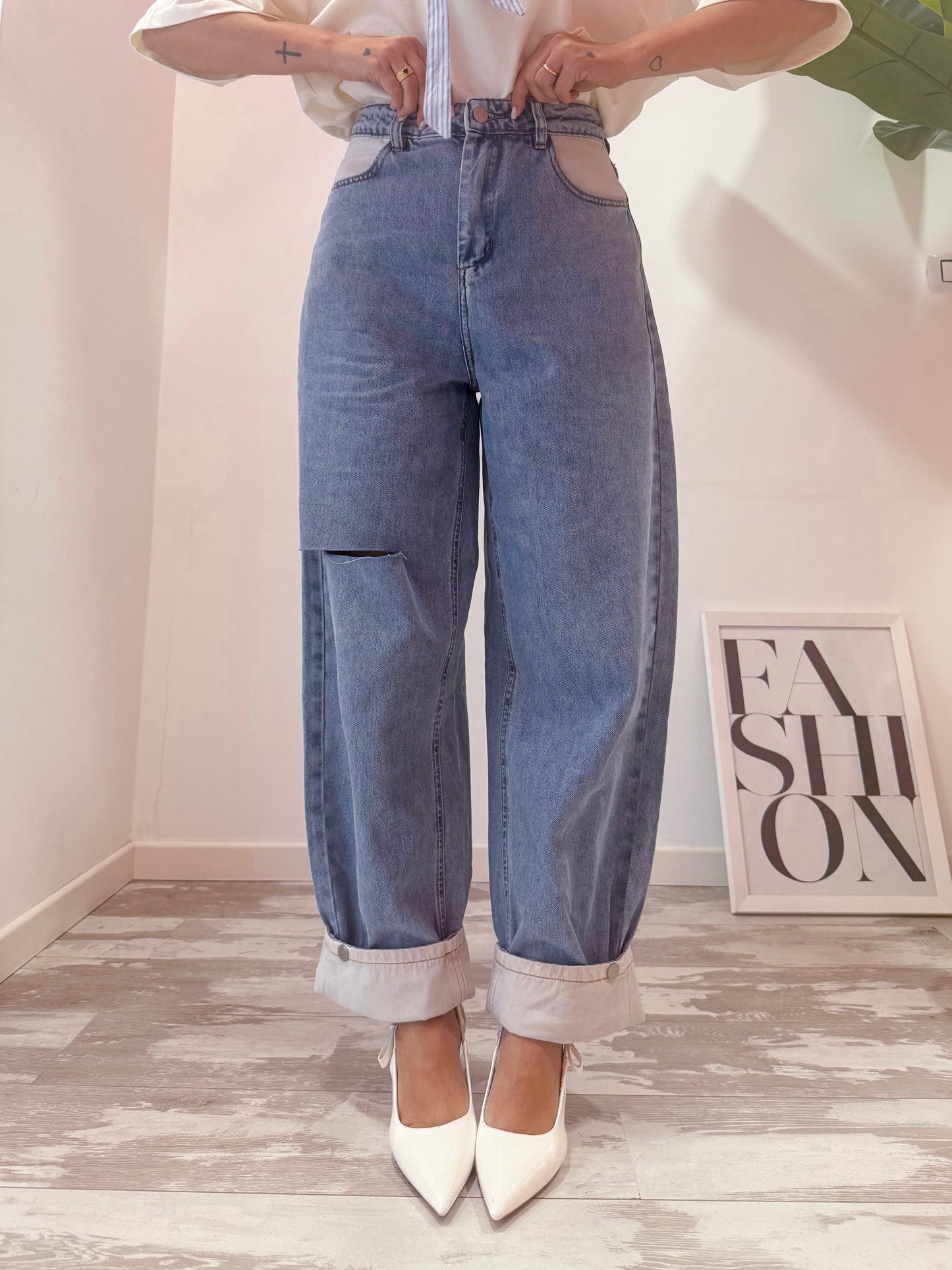 JEANS RISVOLTO BIANCO