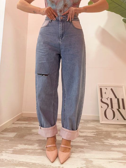 JEANS RISVOLTO ROSA CHIARO