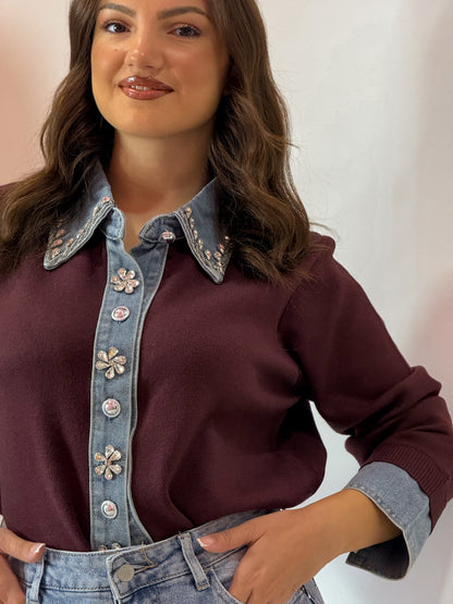 PULL DENIM GIOELLO BIANCO E BORGOGNA