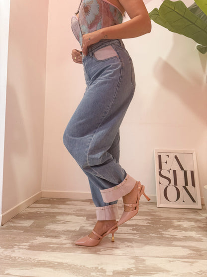 JEANS RISVOLTO ROSA CHIARO
