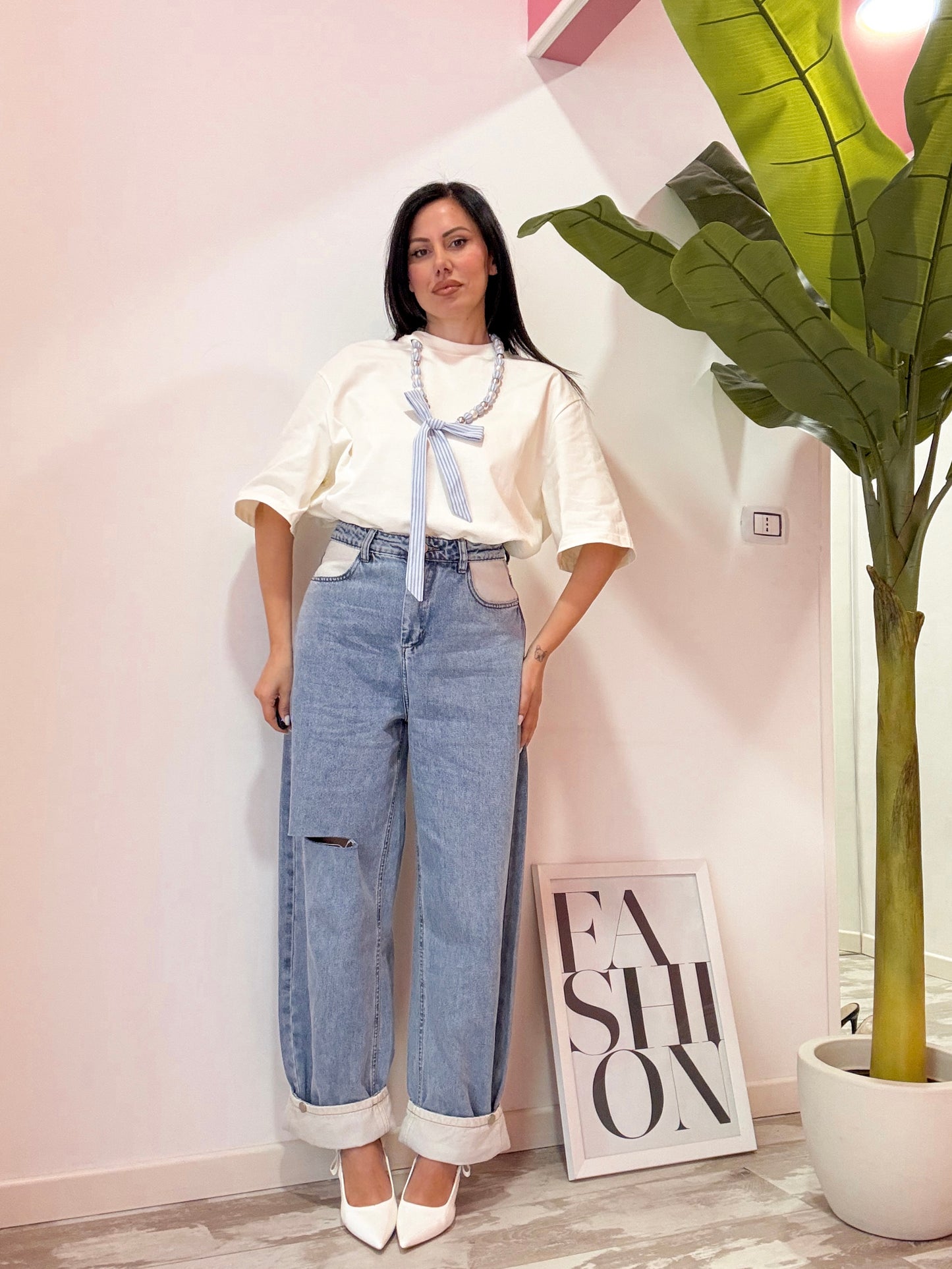 JEANS RISVOLTO BIANCO