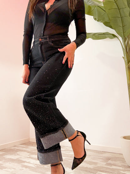 JEANS RISVOLTO E BRILLANTINI