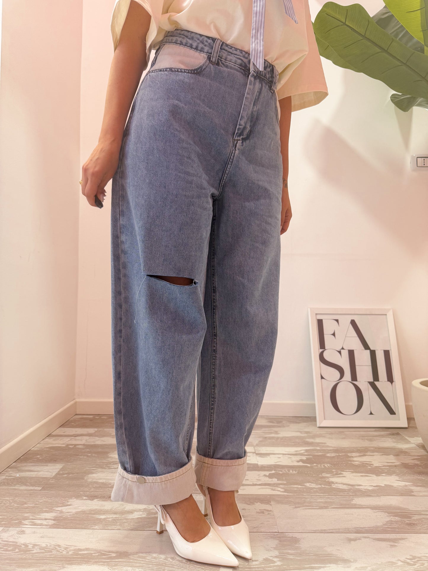 JEANS RISVOLTO BIANCO
