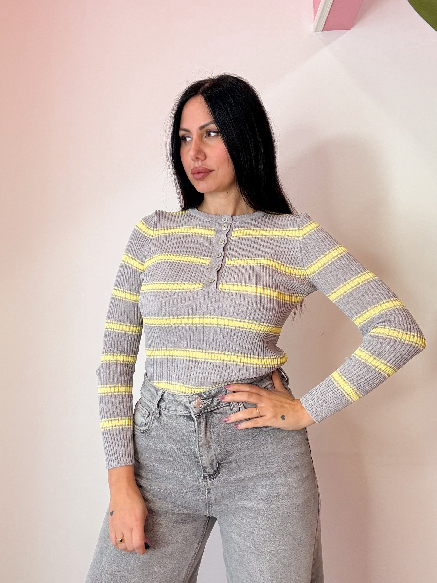 MAGLIA BOTTONI RIGHE GIALLE