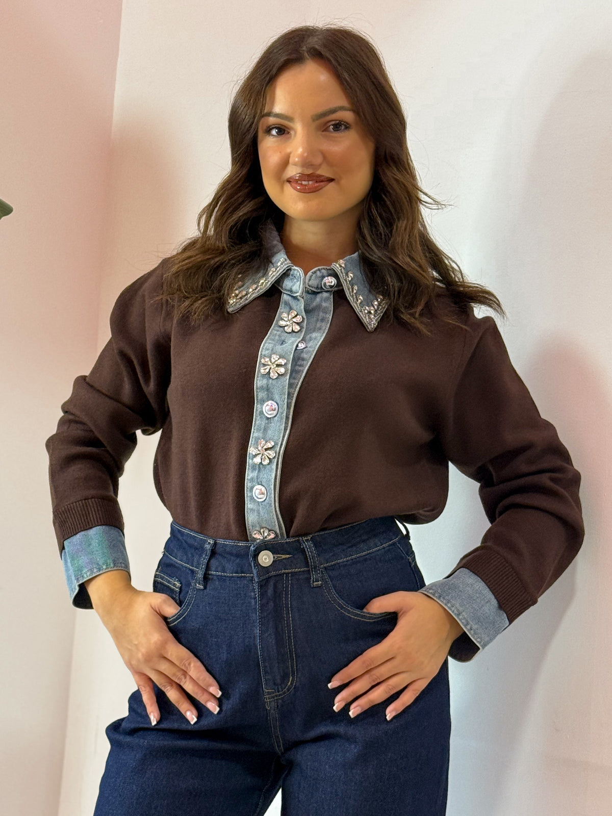 PULL DENIM GIOIELLO BLU E MARRONE