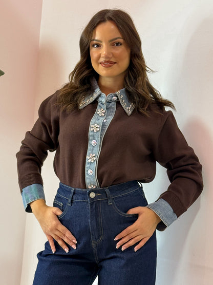 PULL DENIM GIOIELLO BLU E MARRONE