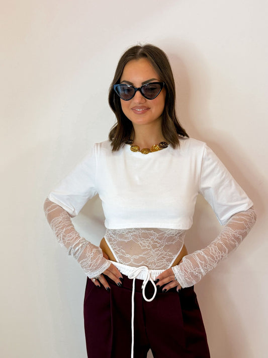 T shirt crop e pizzo 3 colori