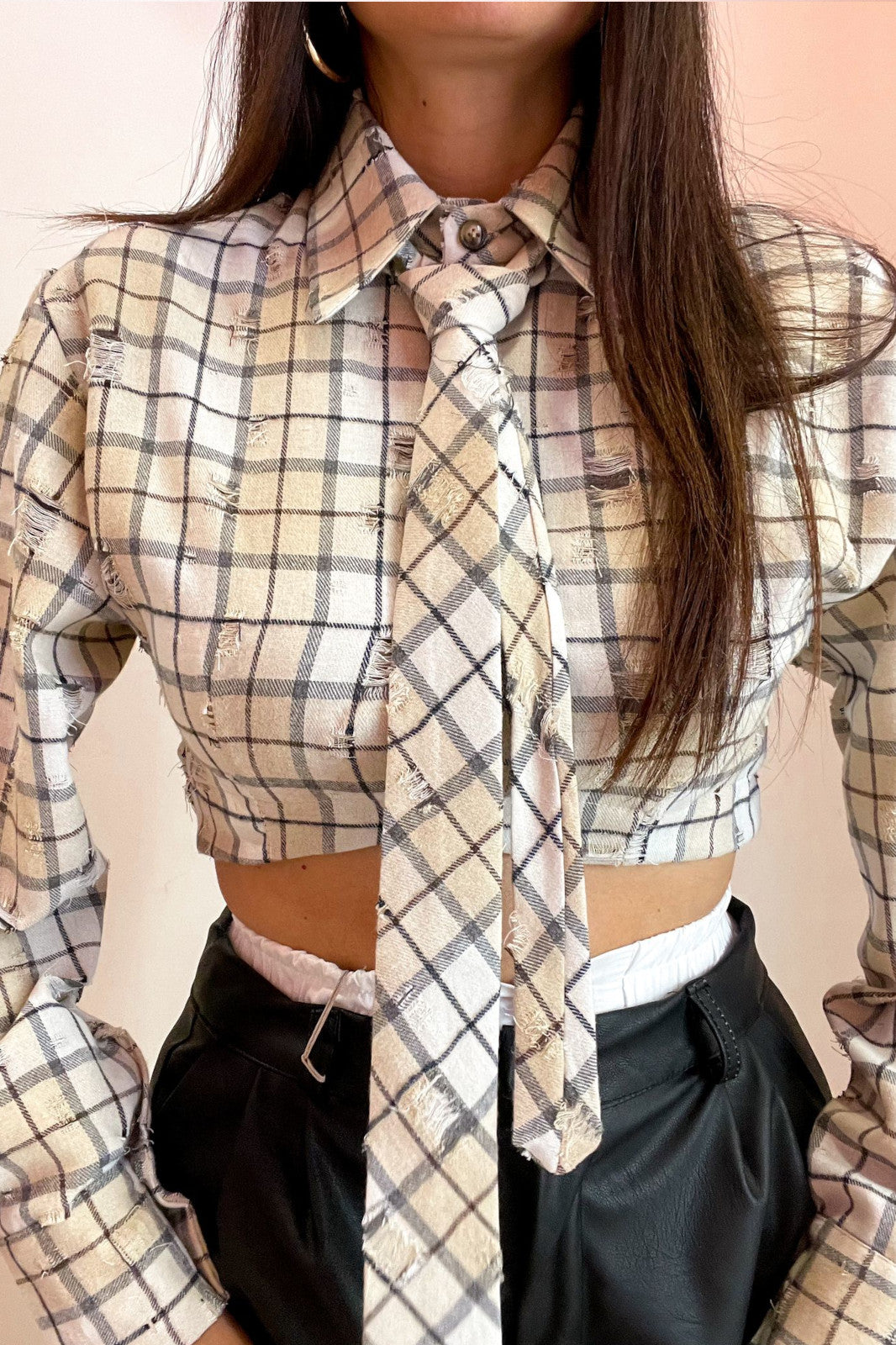 Camicia beige tartan crop