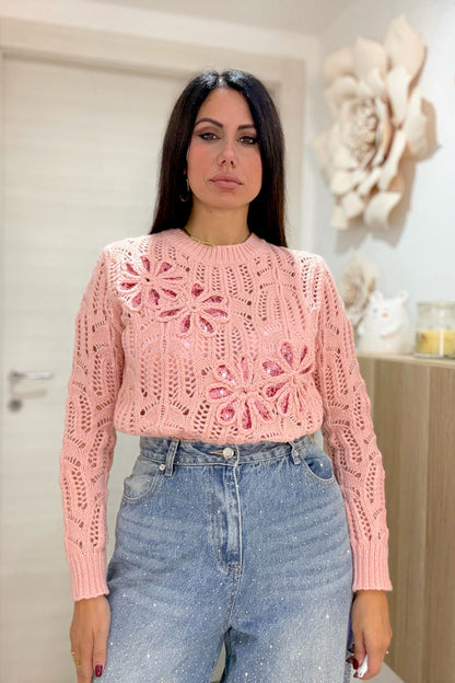 Maglia fiori paillettes rosa