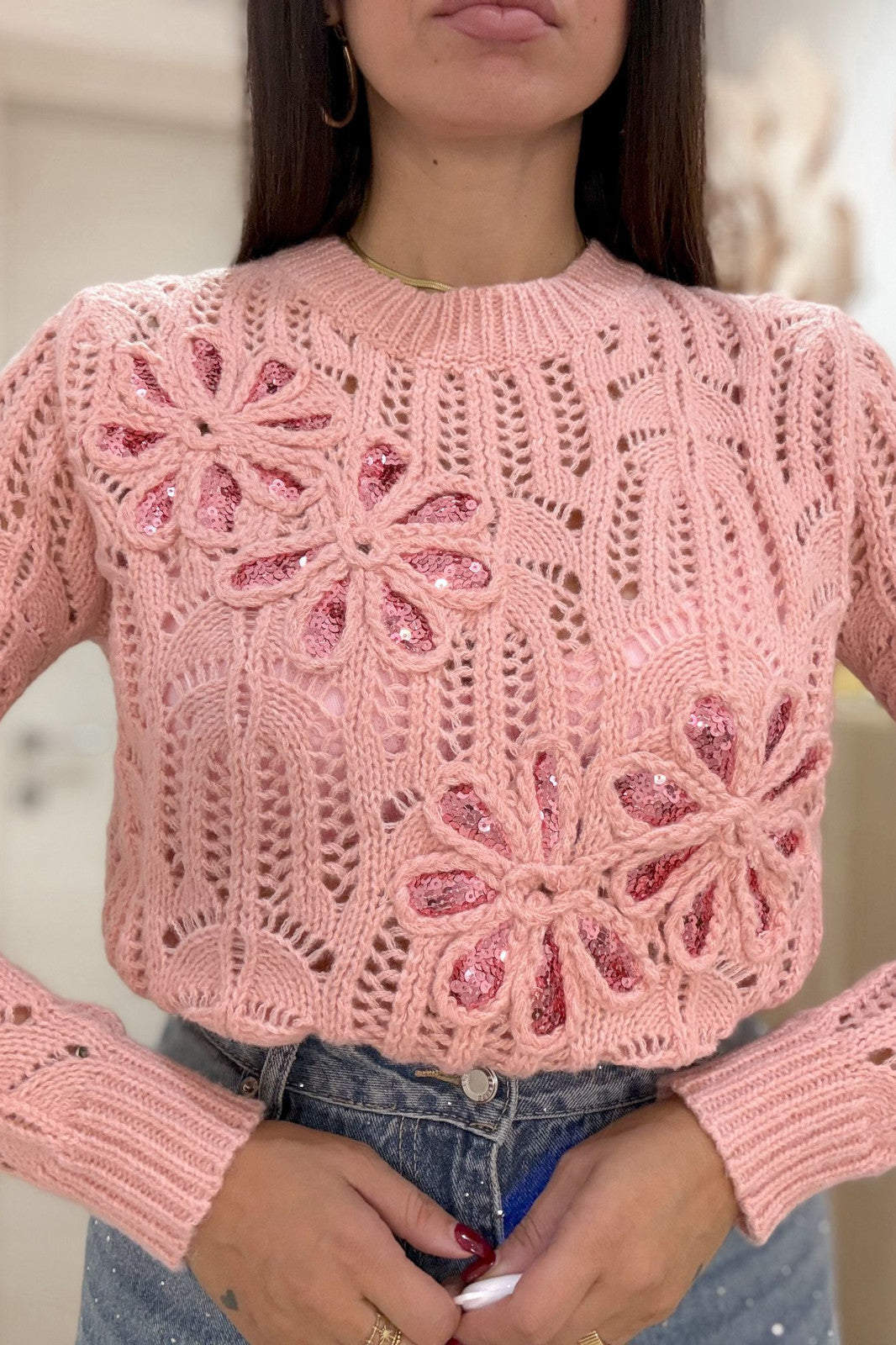 Maglia fiori paillettes rosa