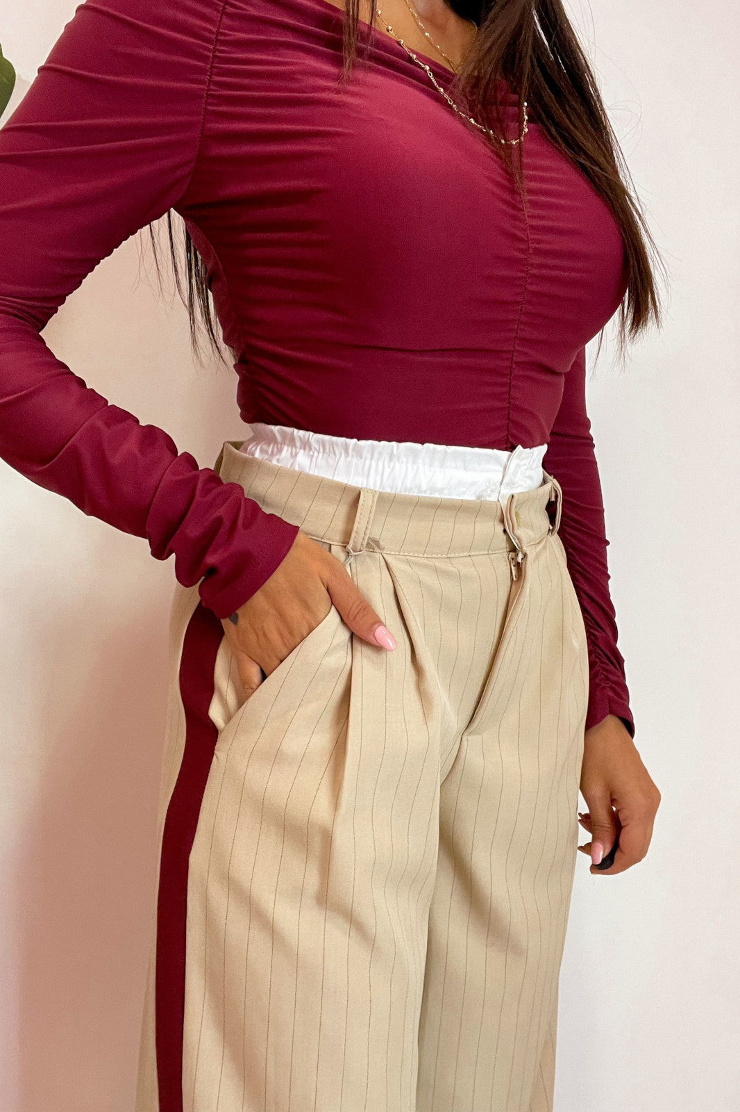 Pantalone gessato beige