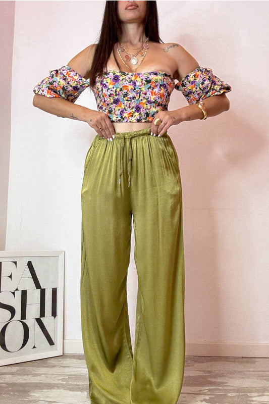 Pantalone satin verde oliva